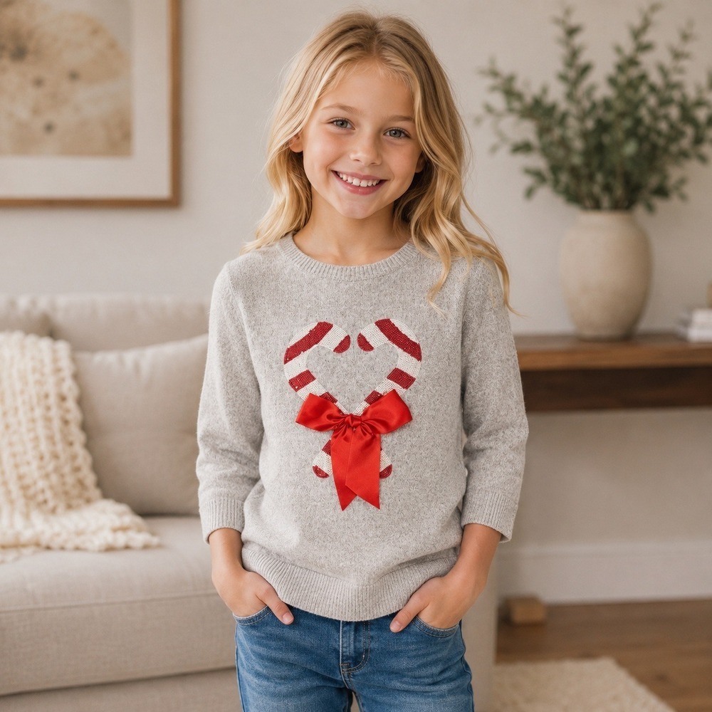Girls L 14 Christmas Sweater Candy Cane Heart Bow‎ Gray Holiday Knit